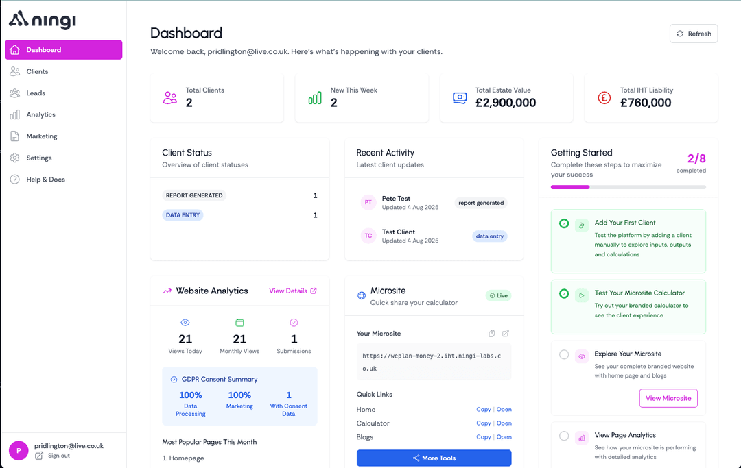 Admin dashboard showing client management and analytics
